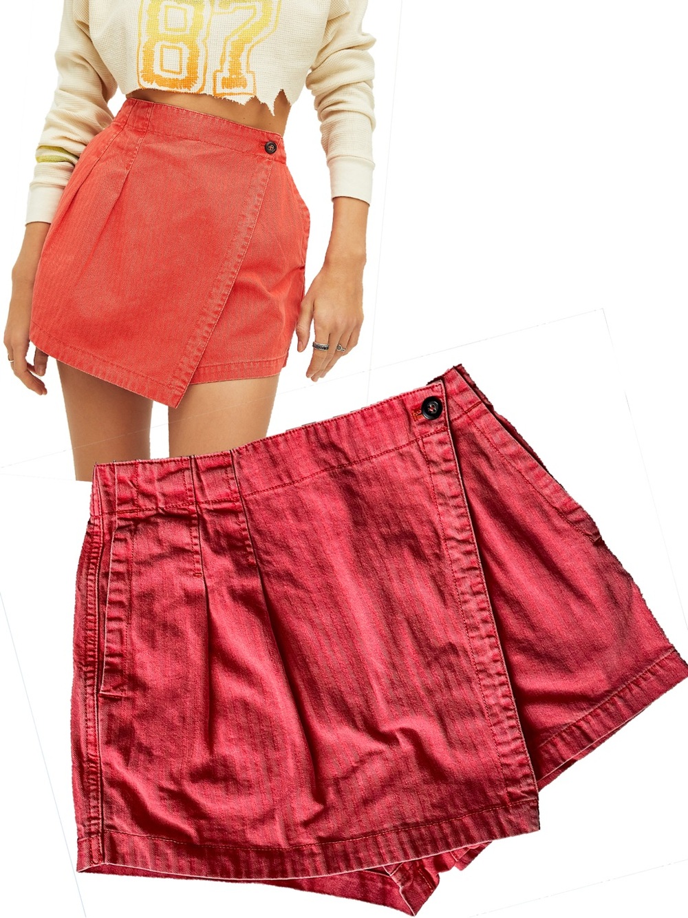 Free People Issa Mini Skort Asymmetrical Wrap High Rise Red Denim Shorts Size 0
